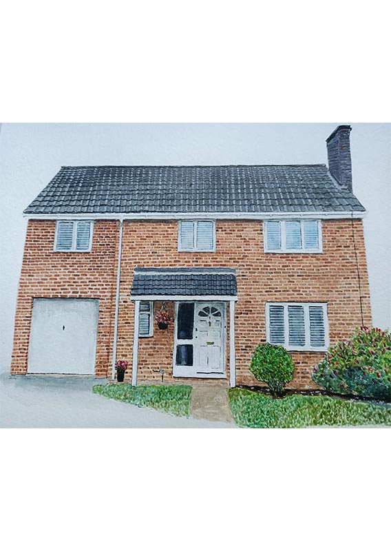 A line and wash watercolour painting of a two storey, brick built, house with a small garden at the front by Matt Smart of houseportra.it