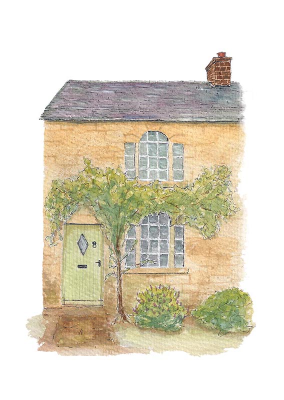 A line and wash watercolour painting of a charming and quaint, Cotswold stone cottage with a small front garden by Matt Smart of houseportra.it